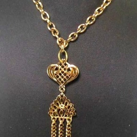 Ornate Multitiered Dangle Regency Pendant Brooch Necklace with Onyx in Gold Tone - Picture 3 of 6